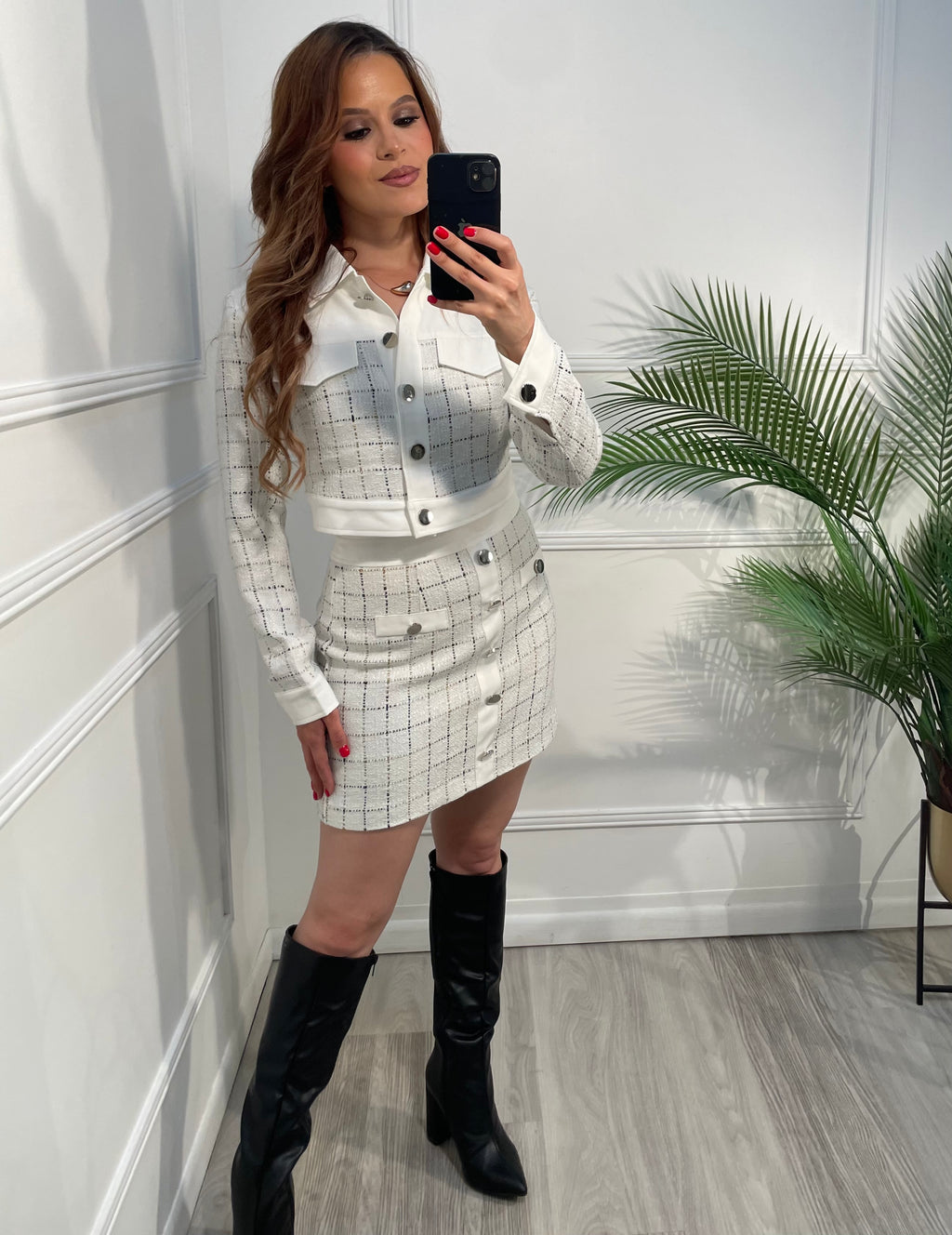 Set de jacket y falda tweed blanco